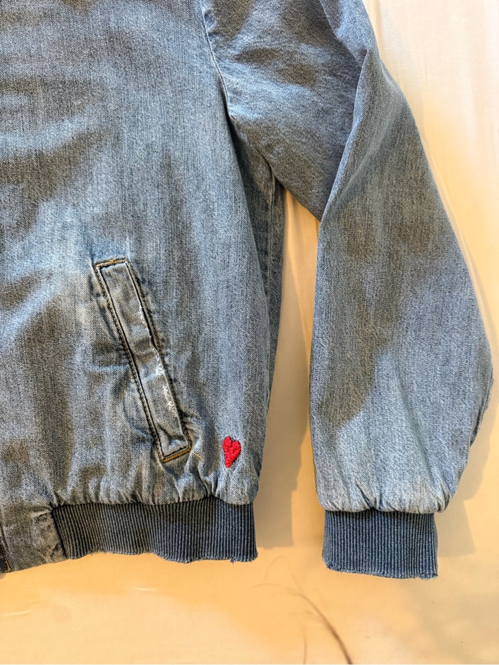 Lucky Brand Light Blue Denim Bomber Jacket with Red Heart
